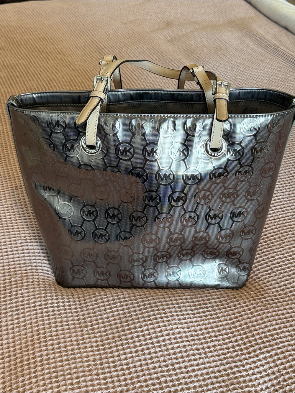 Michael Kors Metallic Pewter MK Logo Tote with Tan Handles